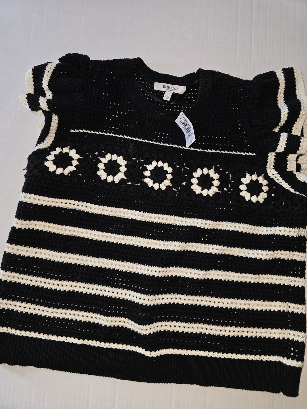 belle sky Black & Cream Crochet-Trim Stripe Crewneck Sweater